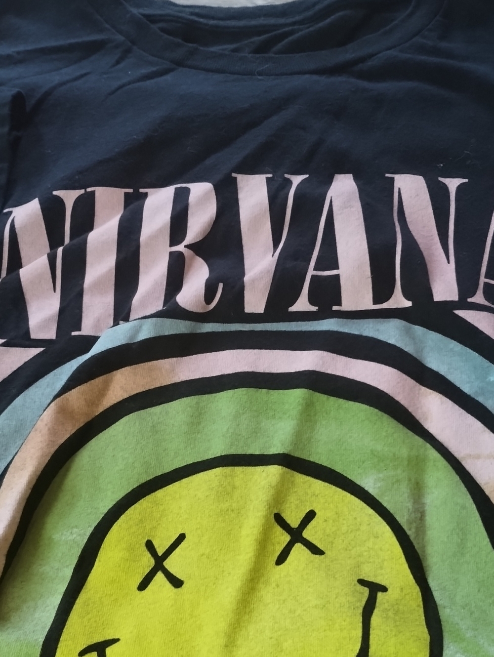 NIRVANA Black Tee with Neon Green Smiley and Pastel Logo